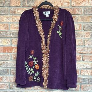 VTG Sweater Chenille Embroidered Cardigan L Purple Floral Womens‎ JTWO New York